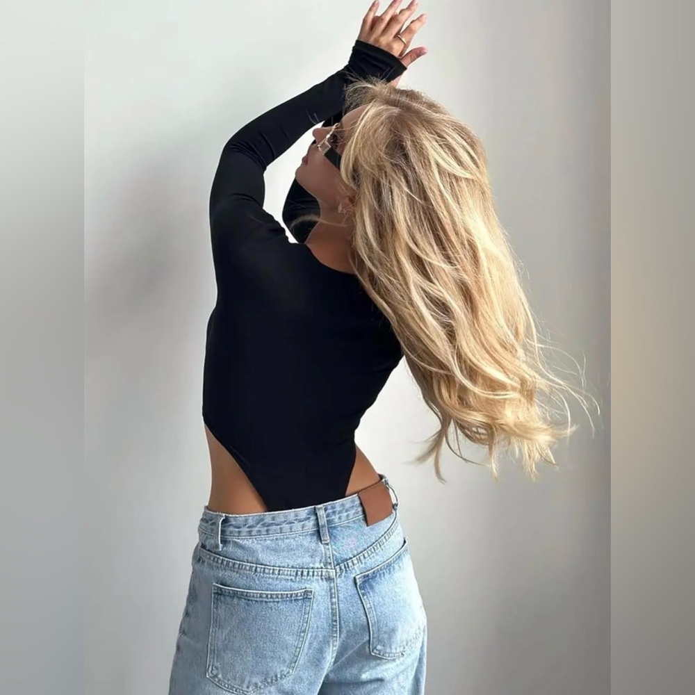 Scoop Neck High Cut Long Sleeve Bodysuit Double Lined Sexy Body Suits Tops